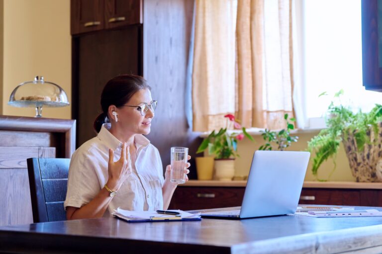 Female teacher, mentor, psychologist at online therapy meeting